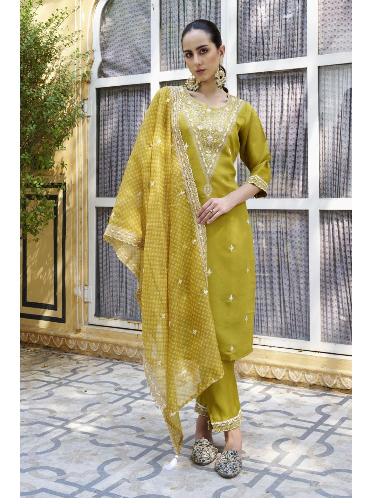     			VredeVogel Silk Blend Embroidered Kurti With Pants Women's Stitched Salwar Suit - Yellow ( Pack of 1 )