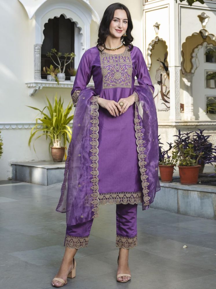     			VredeVogel Silk Blend Embroidered Kurti With Pants Women's Stitched Salwar Suit - Purple ( Pack of 1 )