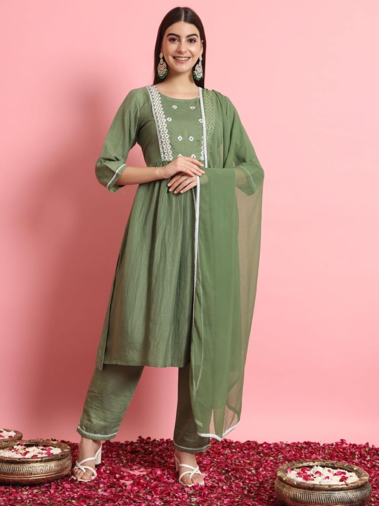     			VredeVogel Silk Blend Embroidered Kurti With Pants Women's Stitched Salwar Suit - Green ( Pack of 1 )