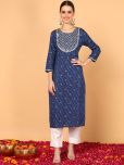 Vaamsi Cotton Embroidered Straight Women's Kurti - Navy Blue ( Pack of 1 )