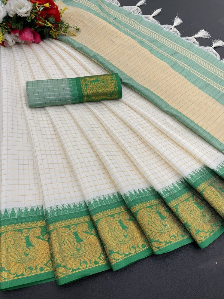     			Aika Cotton Silk Checks Saree With Blouse Piece - Green ( Pack of 1 )