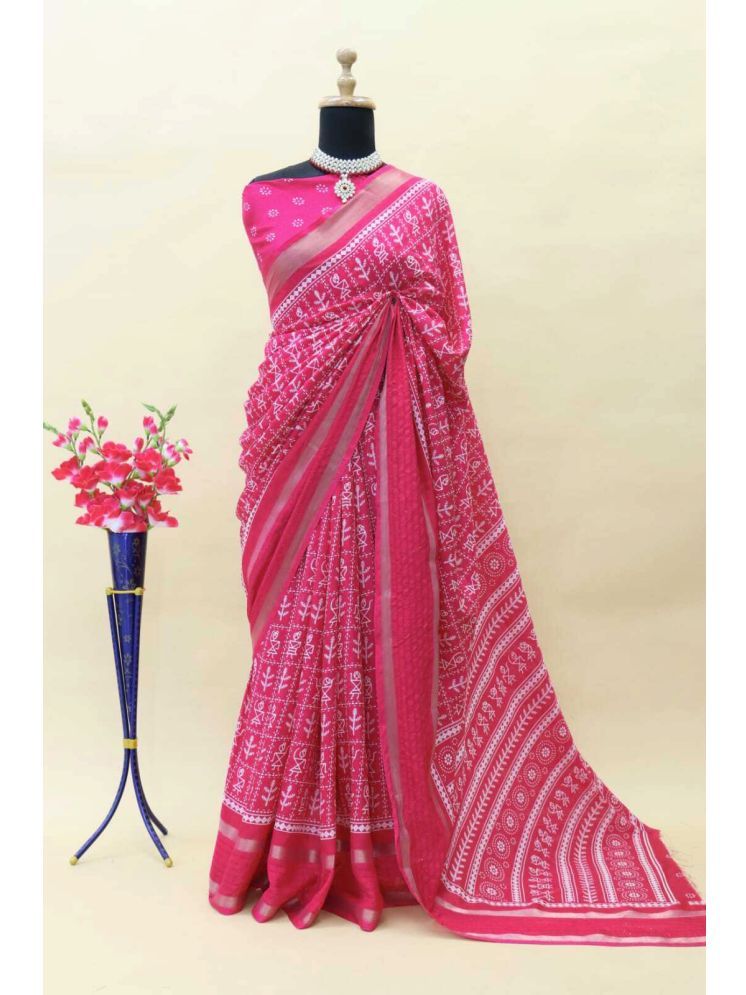     			Bhuwal Fashion Art Silk Printed Saree With Blouse Piece - Pink ( Pack of 1 )