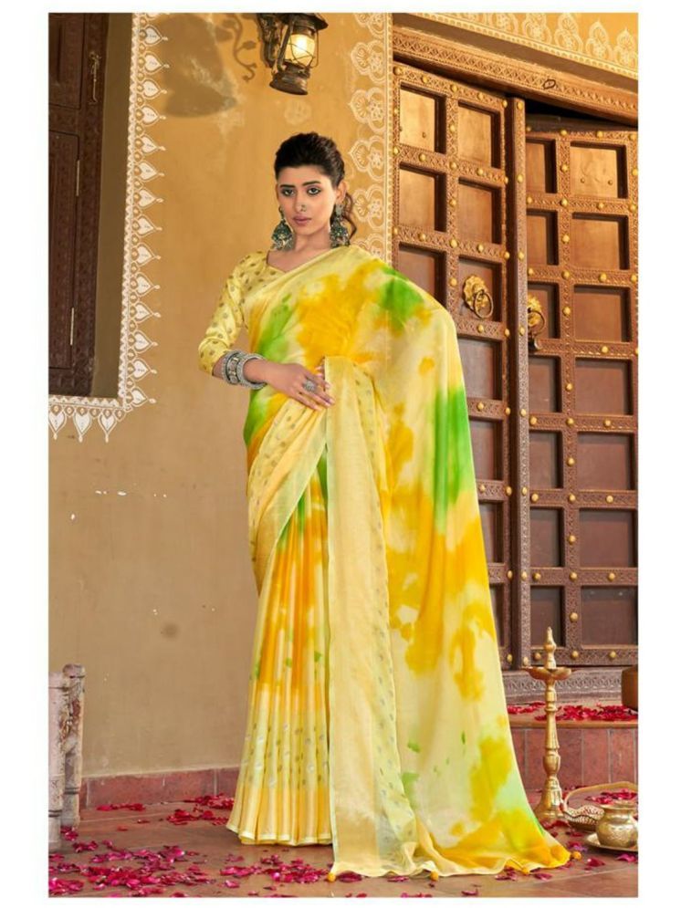     			Bhuwal Fashion Chiffon Striped Saree With Blouse Piece - Yellow ( Pack of 1 )