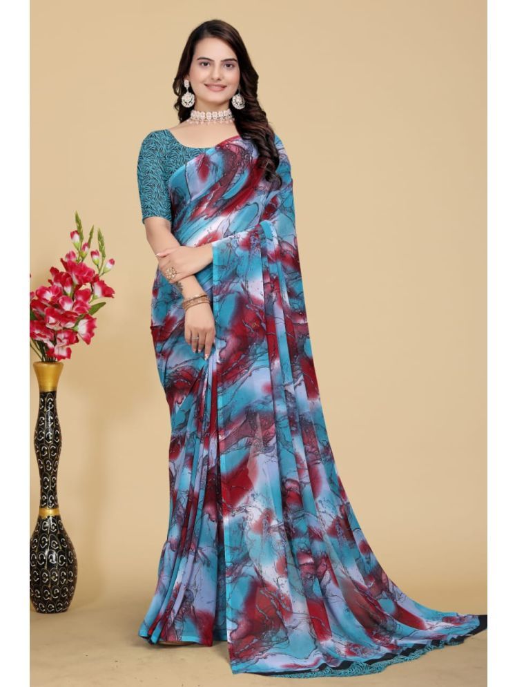     			Bhuwal Fashion Georgette Printed Saree With Blouse Piece - Turquoise ( Pack of 1 )