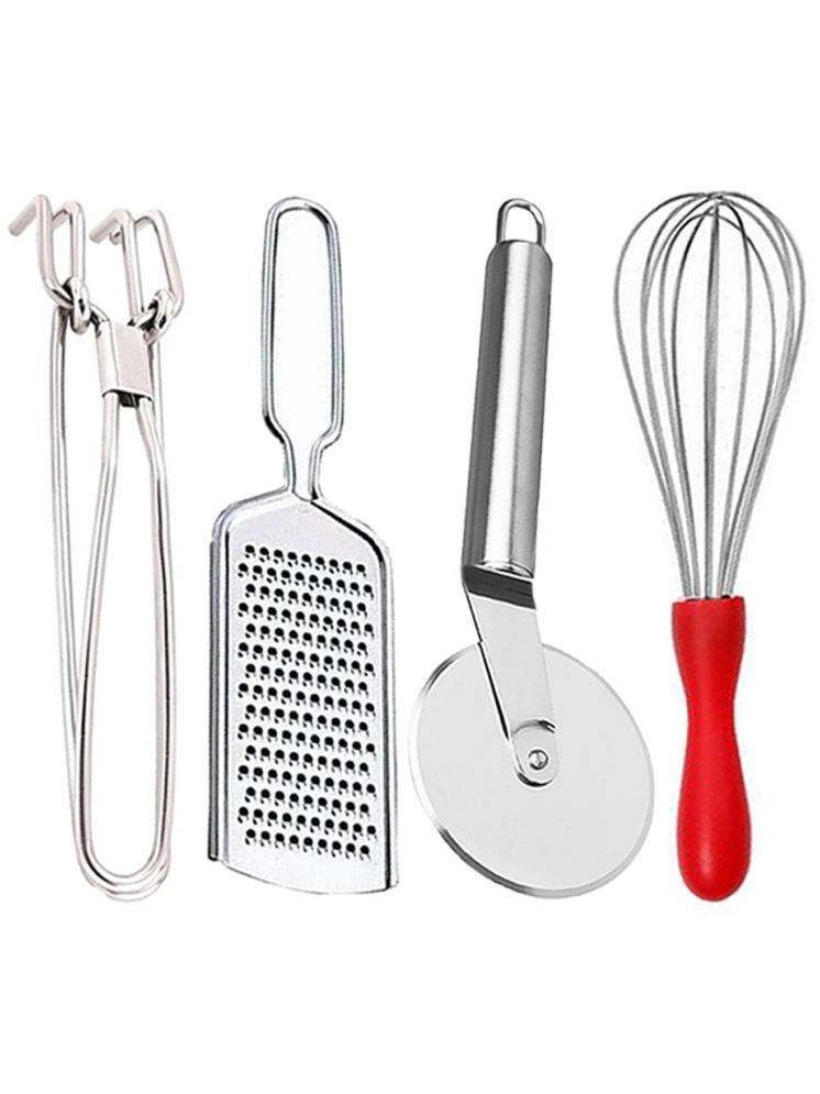     			OC9 Silver Stainless Steel Grater+Pakkad+Pizza Cutter+Whisk ( Set of 4 )