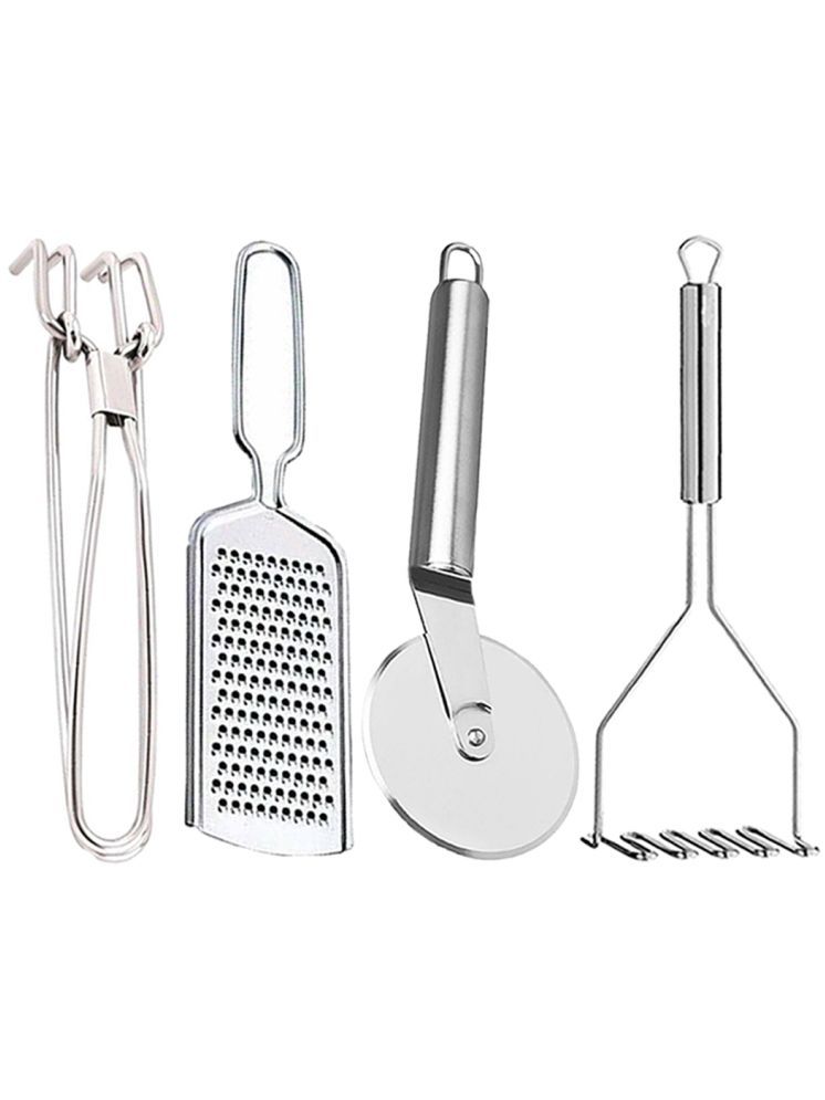     			OC9 Silver Stainless Steel Grater+Pakkad+Pizza Cutter+Masher ( Set of 4 )