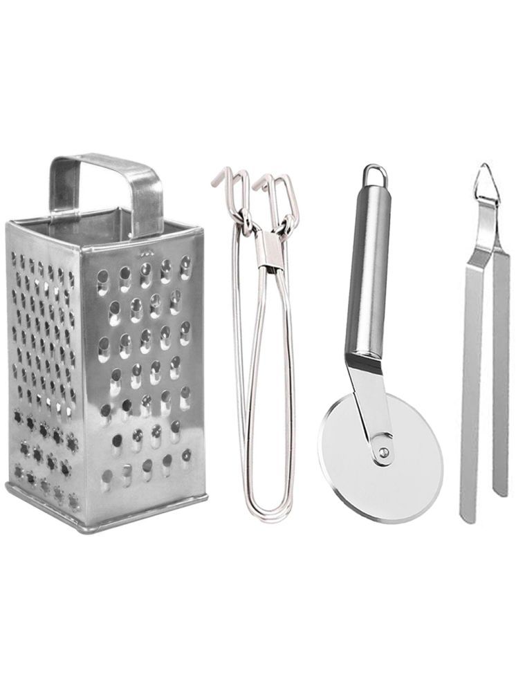     			OC9 Silver Stainless Steel Grater+Pakkad+Pizza Cutter+Chimta ( Set of 4 )