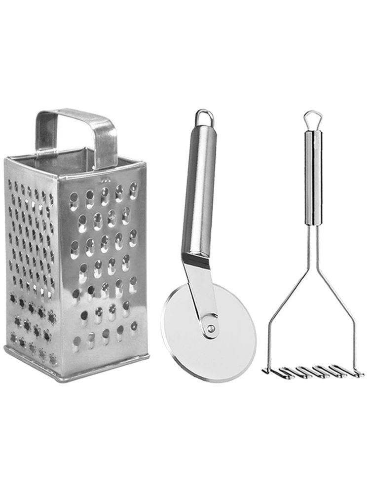     			OC9 Silver Stainless Steel Grater+Pizza Cutter+Masher ( Set of 3 )