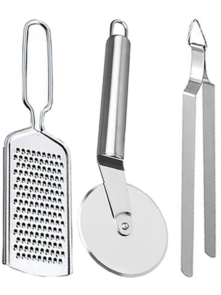     			OC9 Silver Stainless Steel Grater+Pizza Cutter+Chimta ( Set of 3 )