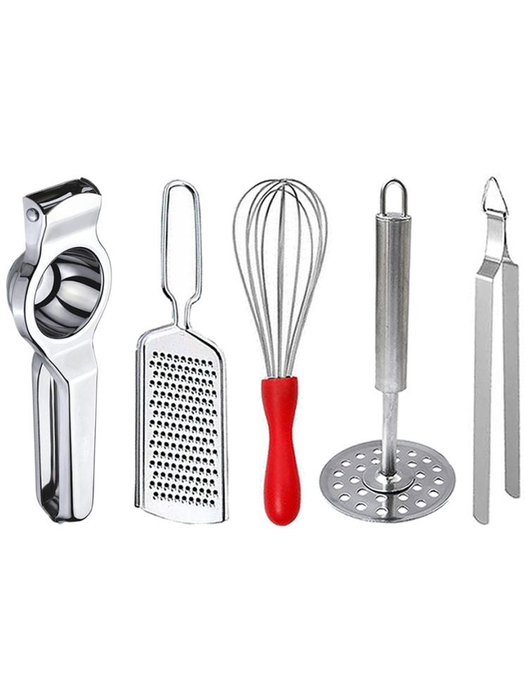     			OC9 Silver Stainless Steel Lemon+Grater+Whisk+Masher+Chimta ( Set of 5 )