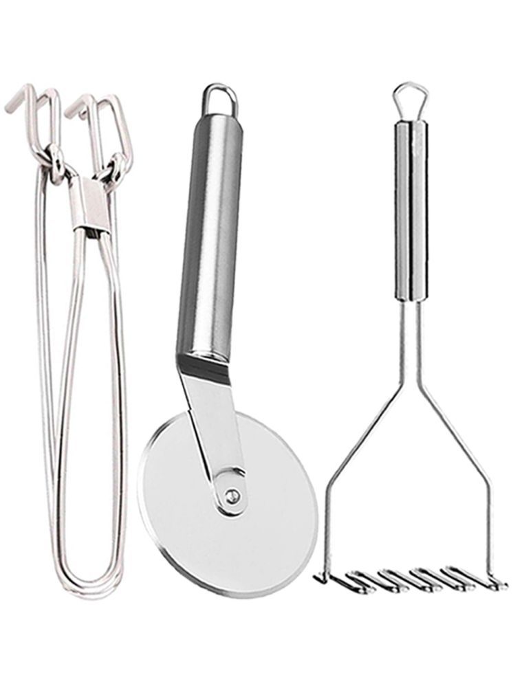     			OC9 Silver Stainless Steel Pakkad+Pizza Cutter+Masher ( Set of 3 )