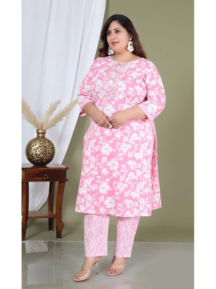     			Vashineh Cotton Printed Kurti With Pants Women's Stitched Salwar Suit - Pink ( Pack of 1 )