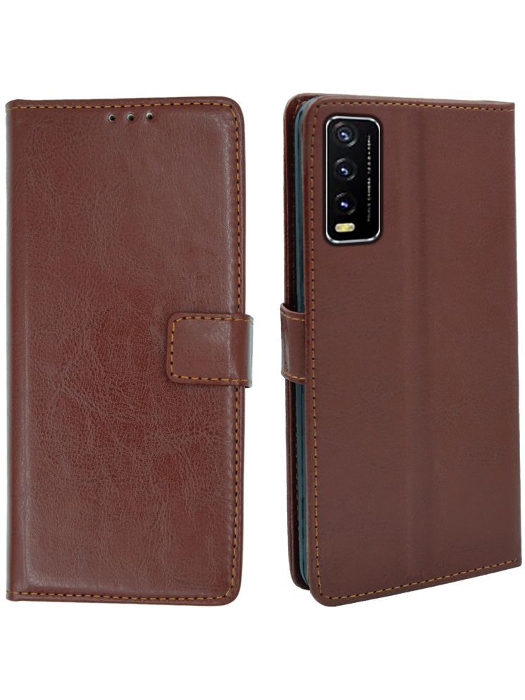     			flip flow Brown Flip Cover Artificial Leather Compatible For Vivo Y20 ( Pack of 1 )