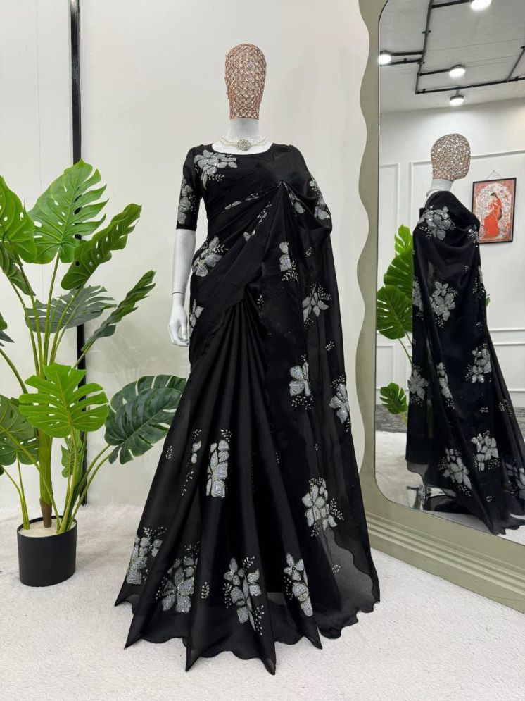     			Aika Organza Embellished Saree With Blouse Piece - Black ( Pack of 1 )