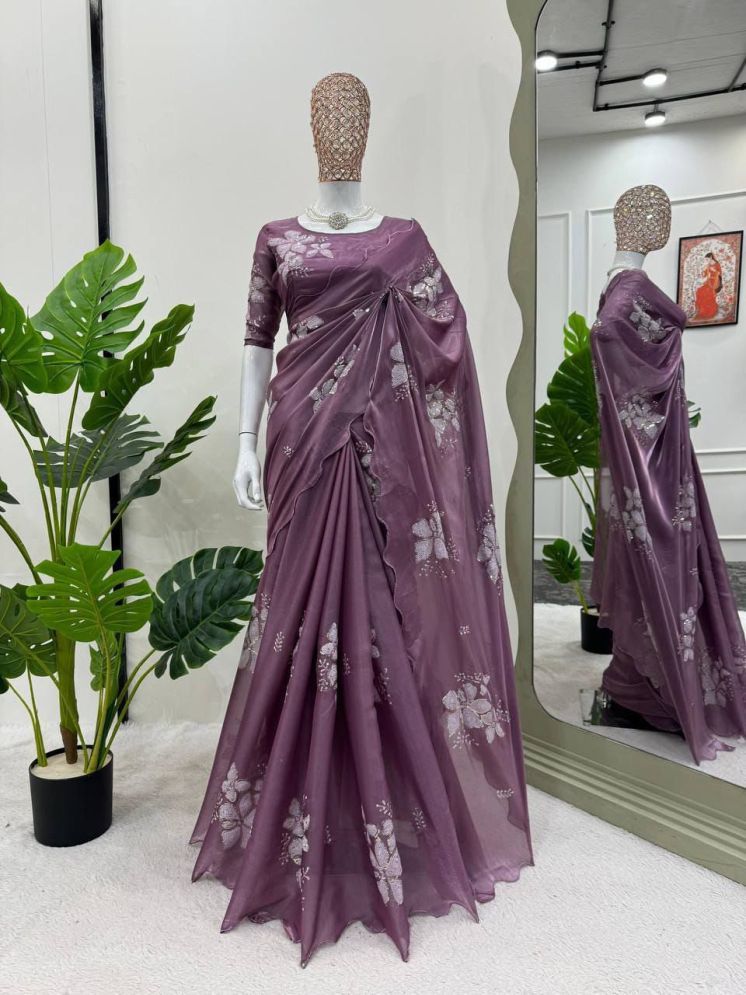     			Apnisha Organza Embellished Saree With Blouse Piece - Purple ( Pack of 1 )