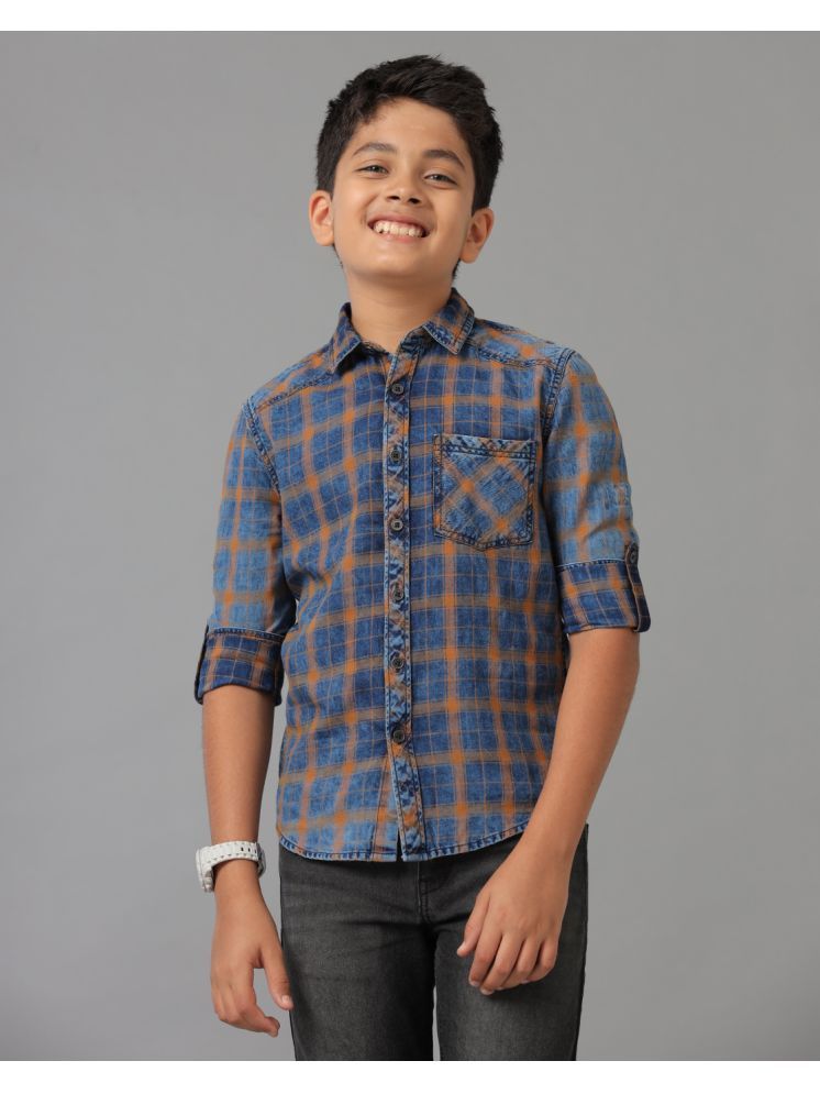     			Boys Cotton Indigo Checks Washed Shoulder Patch Metal Button Neck Twill Tape Patch Pocket Roll Up Shirt