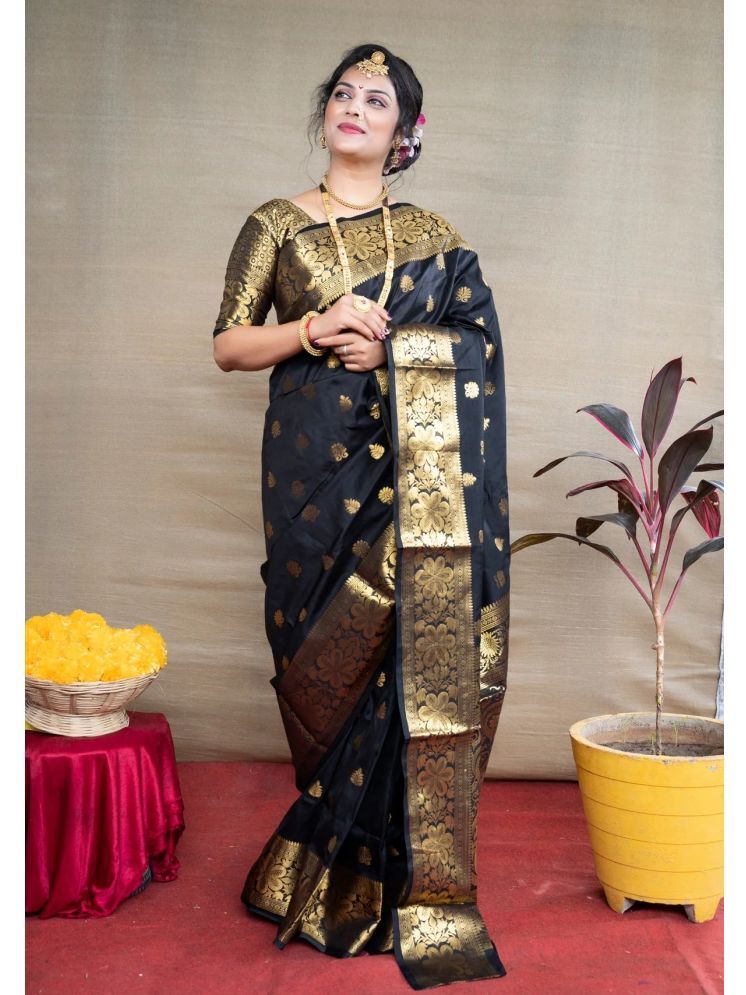     			Gazal Fashions Banarasi Silk Woven Saree With Blouse Piece - Black ( Pack of 1 )