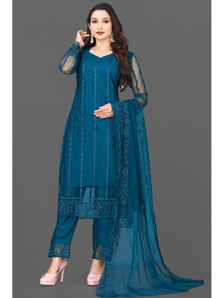     			VARNI VESH Net Embroidered Kurti With Pants Women's Stitched Salwar Suit - Teal ( Pack of 1 )