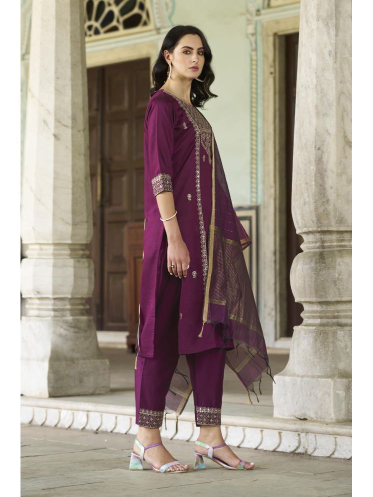     			VredeVogel Rayon Embroidered Kurti With Pants Women's Stitched Salwar Suit - Purple ( Pack of 1 )