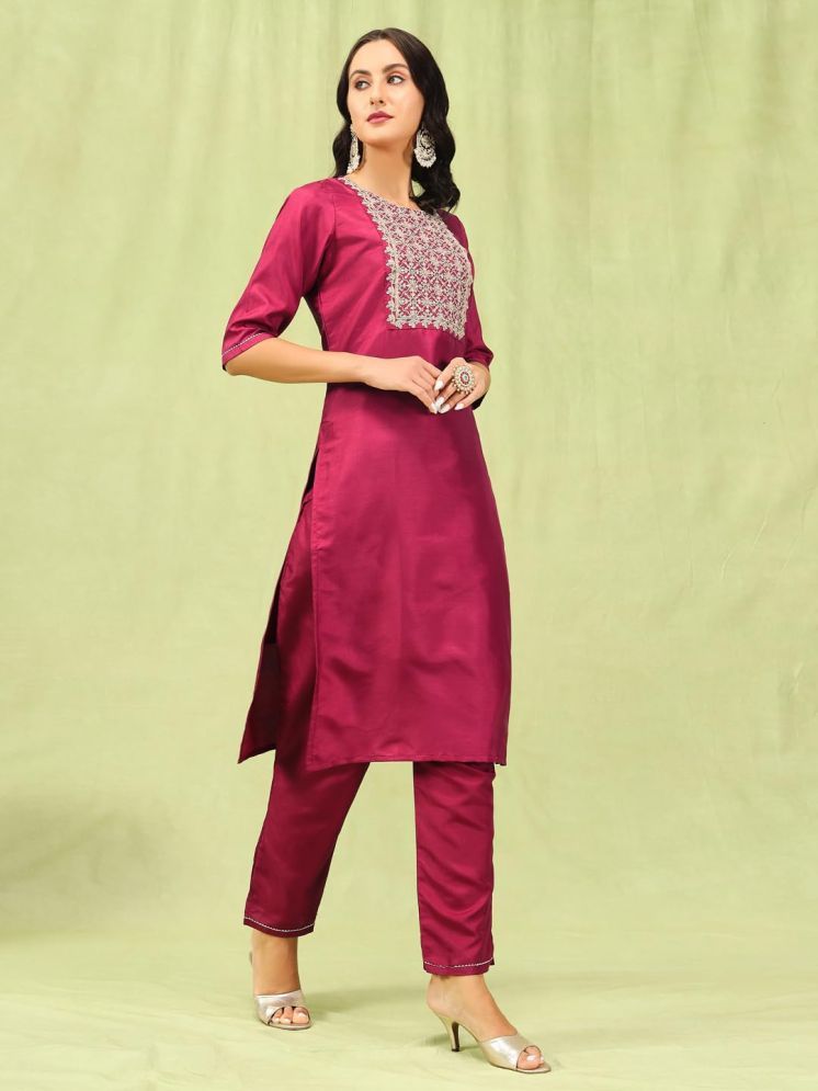     			VredeVogel Silk Blend Embroidered Kurti With Pants Women's Stitched Salwar Suit - Red ( Pack of 1 )