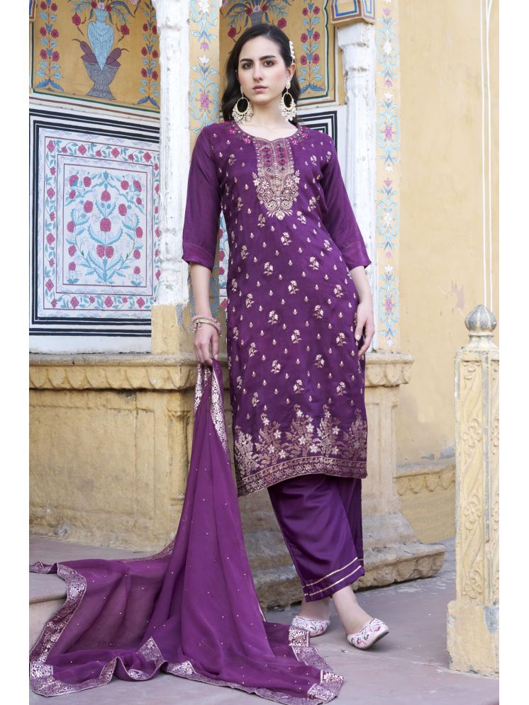     			VredeVogel Viscose Embellished Kurti With Pants Women's Stitched Salwar Suit - Purple ( Pack of 1 )