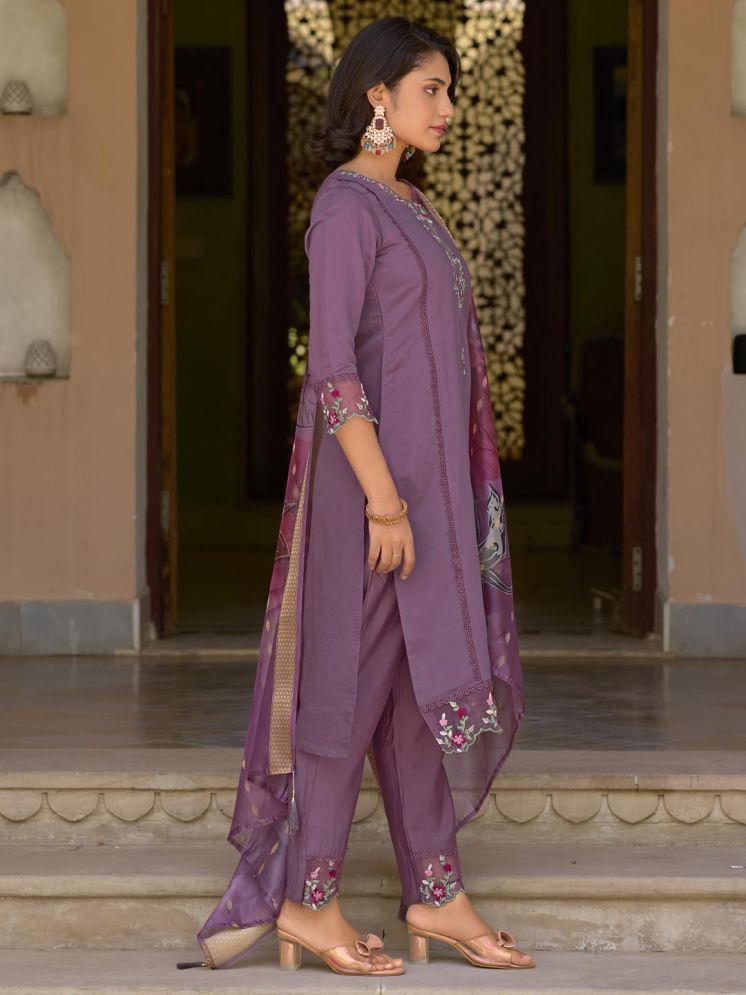     			VredeVogel Viscose Embroidered Kurti With Pants Women's Stitched Salwar Suit - Lavender ( Pack of 1 )