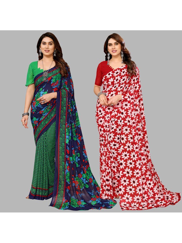     			Kashvi Sarees Georgette Printed Saree With Blouse Piece - Multicolour ( Pack of 2 )