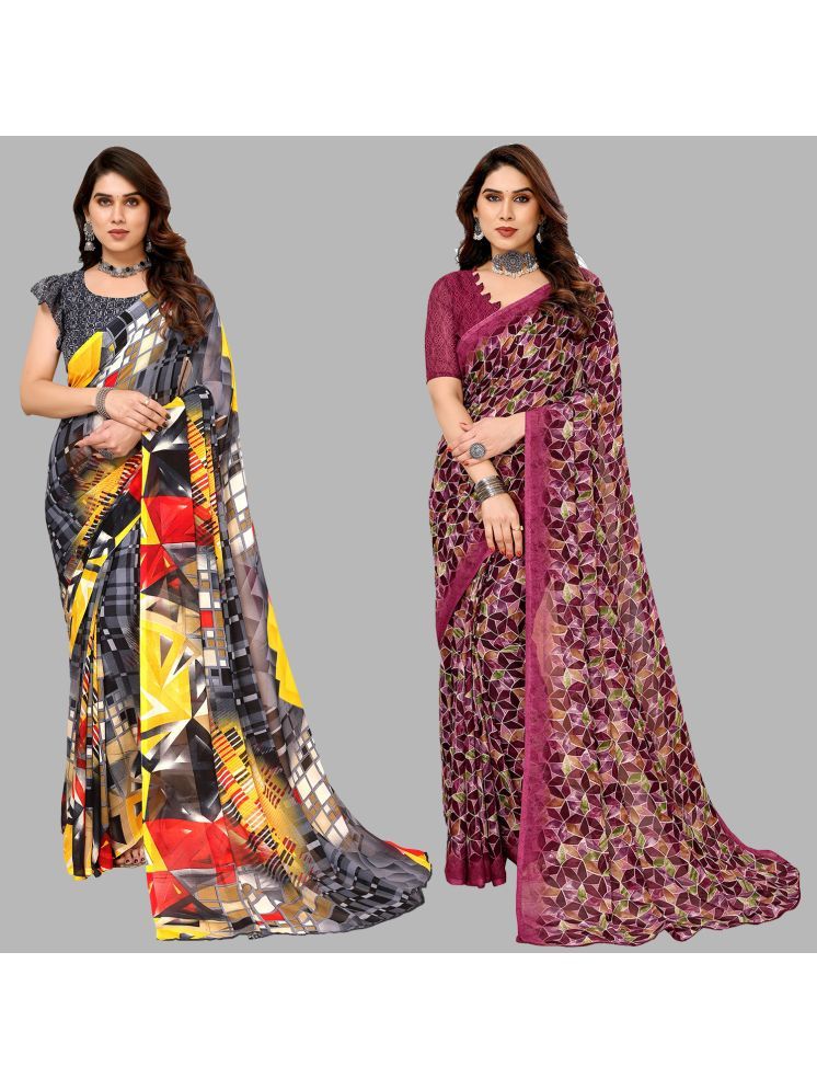     			Kashvi Sarees Georgette Printed Saree With Blouse Piece - Multicolour ( Pack of 2 )