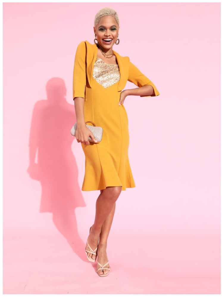     			Miss Chase Polyester Embellished Knee Length Women's Shift Dress - Mustard ( Pack of 1 )