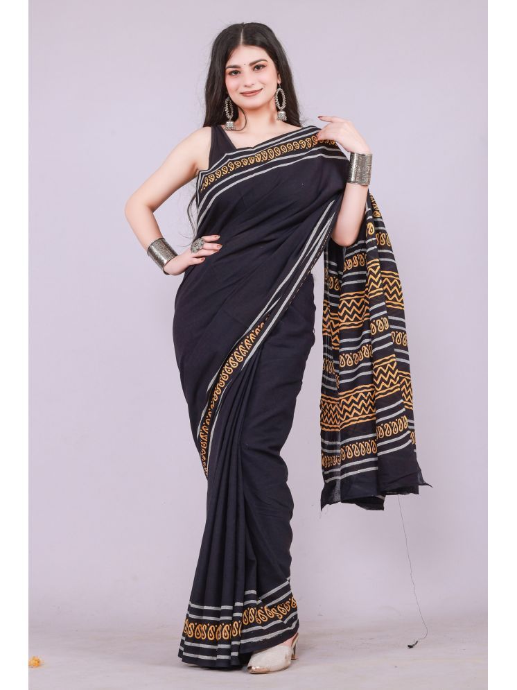     			NOITAERCPR Cotton Printed Saree With Blouse Piece - Black ( Pack of 1 )