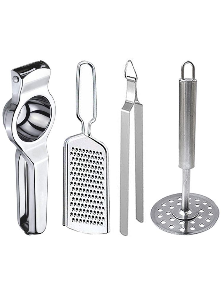     			OC9 Silver Stainless Steel Lemon+Grater+Chimta+Masher ( Set of 4 )