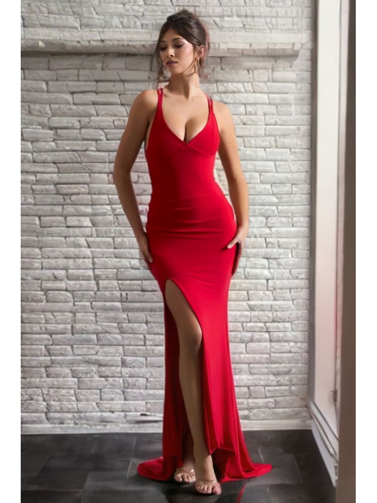     			Traquila Lycra Solid Full Length Women's Side Slit Dress - Red ( Pack of 1 )