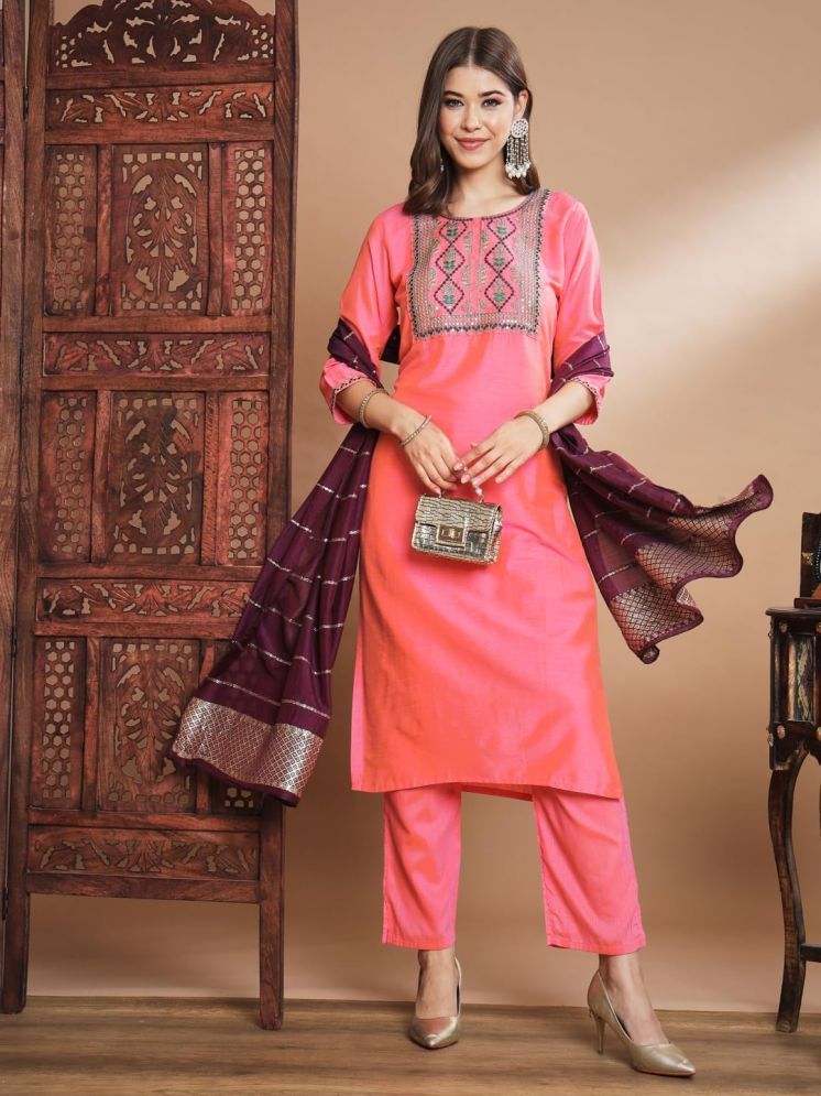     			VredeVogel Cotton Silk Embroidered Kurti With Pants Women's Stitched Salwar Suit - Peach ( Pack of 1 )