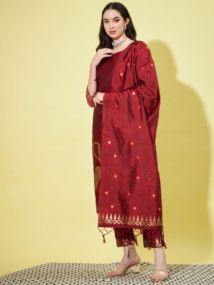     			VredeVogel Cotton Silk Self Design Kurti With Pants Women's Stitched Salwar Suit - Maroon ( Pack of 1 )