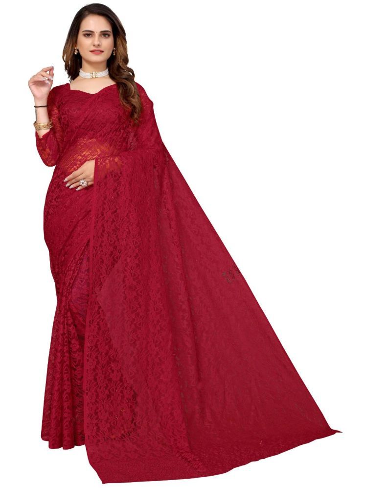     			Vkaran Net Dyed Saree With Blouse Piece - Maroon ( Pack of 1 )