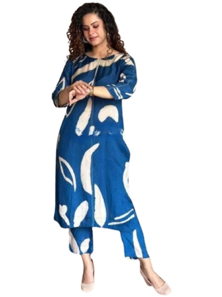     			Heavenly Attire Cotton Printed Kurti With Pants Women's Stitched Salwar Suit - Blue ( Pack of 1 )