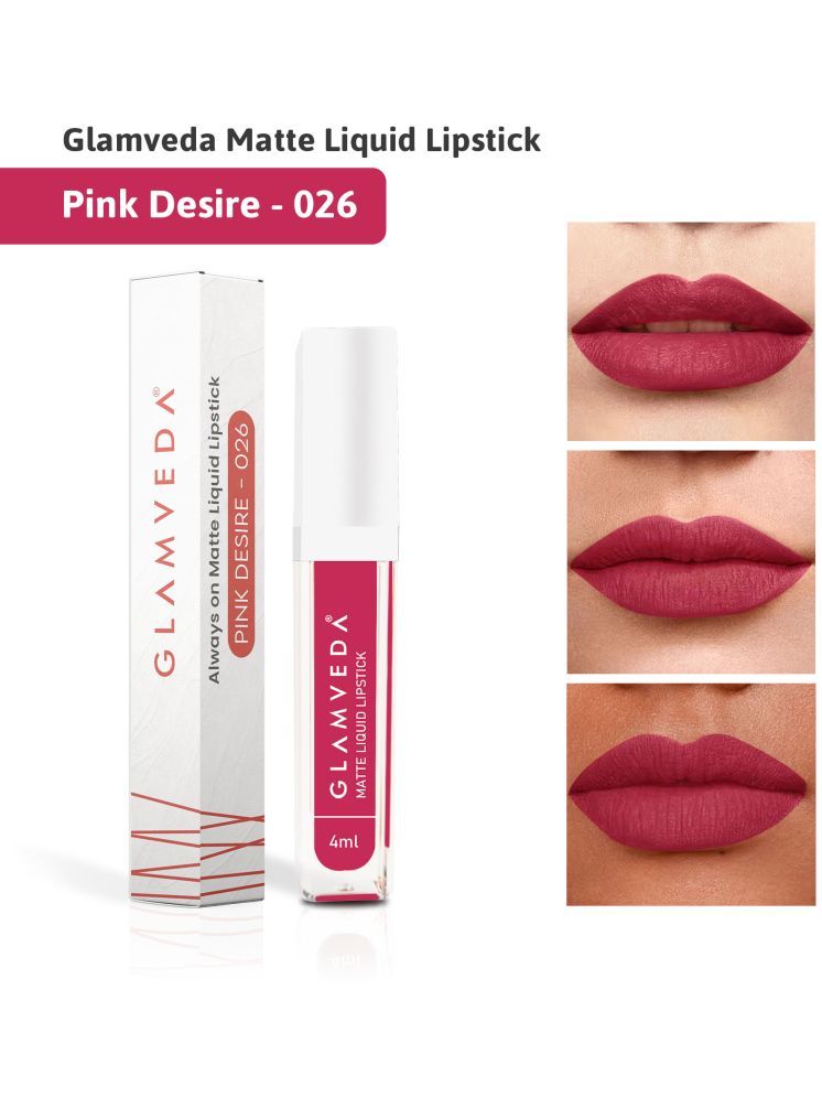     			Glamveda Matte Liquid Lipstick, 12Hr Stay, Lightweight & Transferproof, (Pink Desire - 026) 4ml