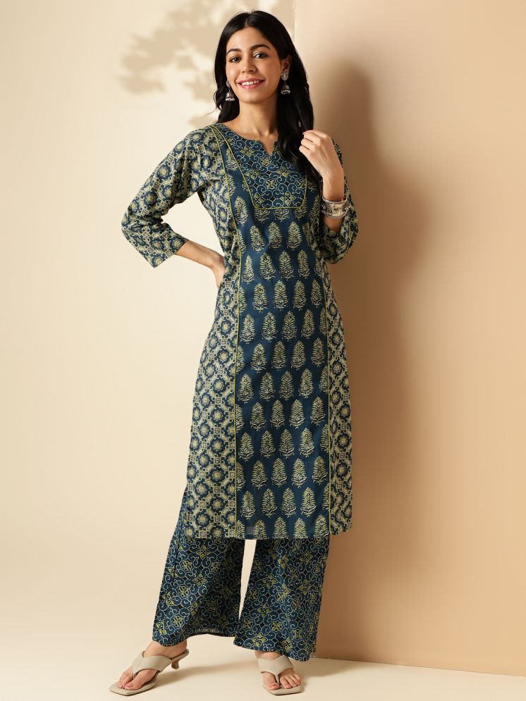     			Vbuyz Cotton Printed Kurti With Palazzo Women's Stitched Salwar Suit - Blue ( Pack of 1 )