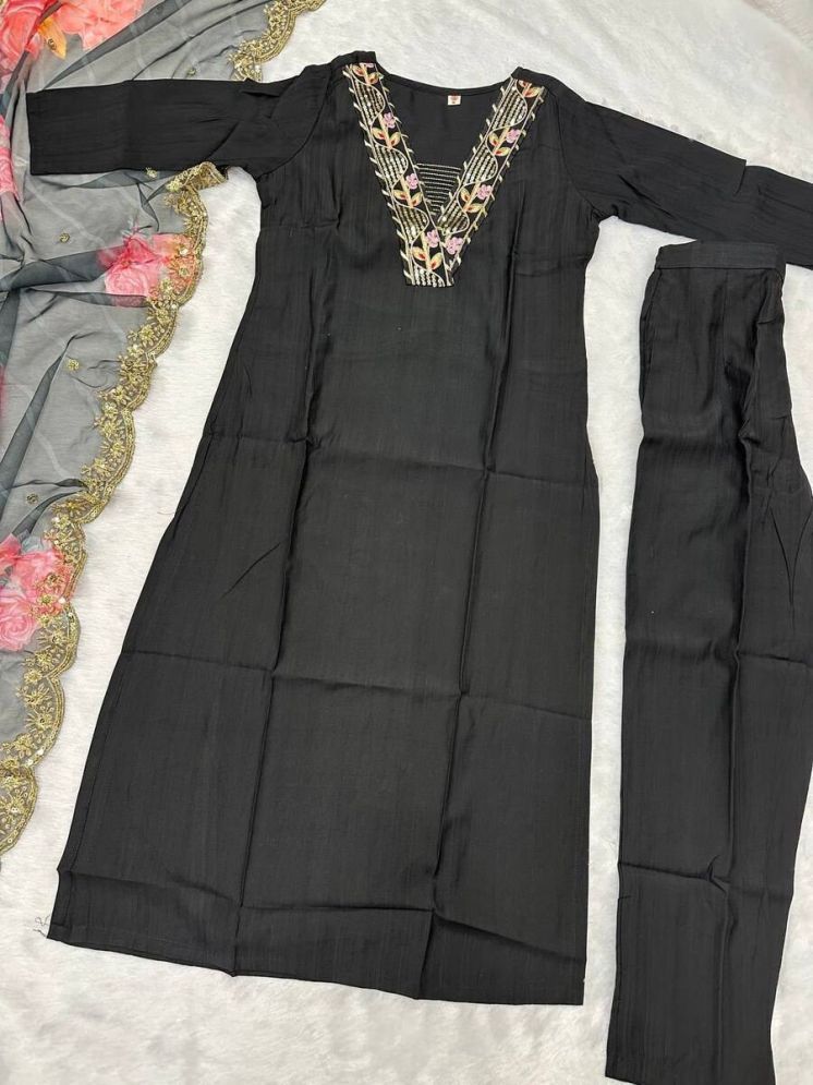     			Vividvibe Chanderi Embroidered Kurti With Pants Women's Stitched Salwar Suit - Black ( Pack of 1 )