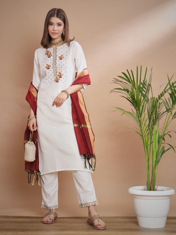     			VredeVogel Cotton Blend Embroidered Kurti With Pants Women's Stitched Salwar Suit - White ( Pack of 1 )