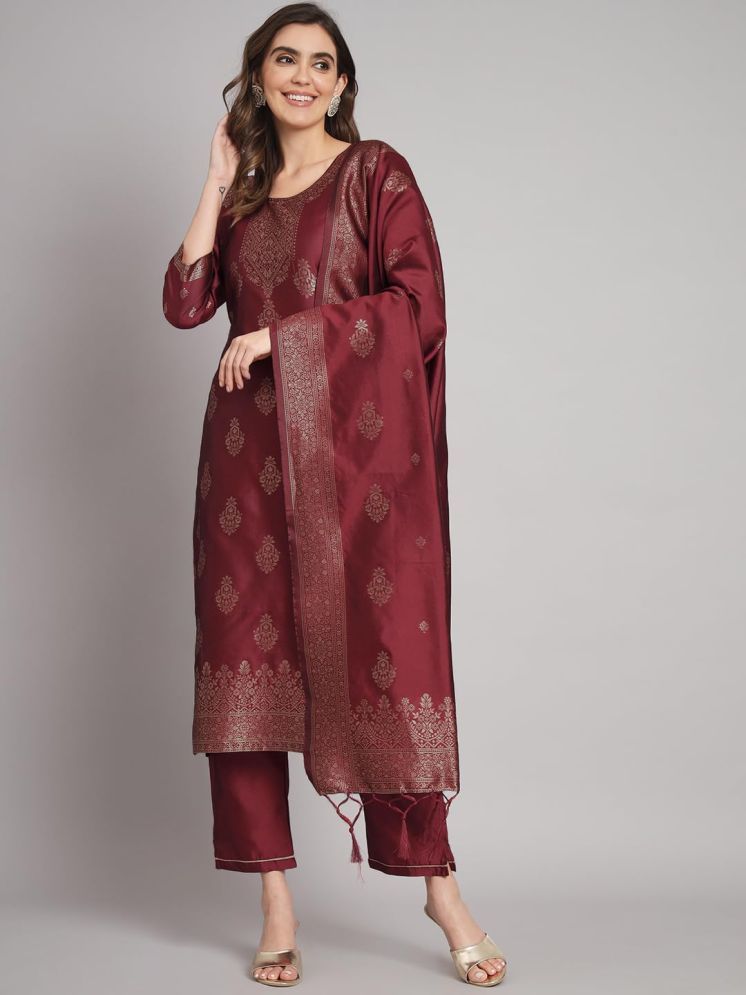     			VredeVogel Cotton Silk Embellished Kurti With Pants Women's Stitched Salwar Suit - Maroon ( Pack of 1 )