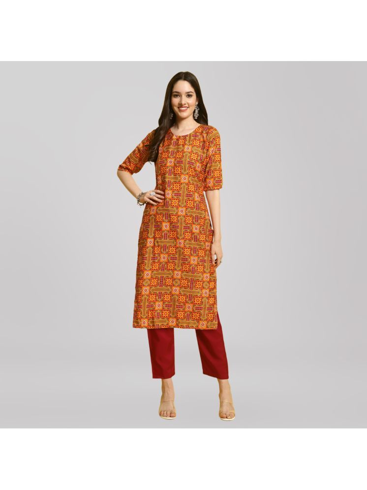     			Ethnic Basket Crepe Printed Kurti With Pants Women's Stitched Salwar Suit - Orange ( Pack of 1 )