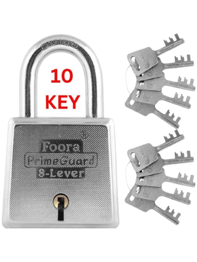     			Foora PrimeGurad 60 Padlock - Double Locking 8 Lever Iron Zinc, 10 Keys for Door Gate Shutter Security, Heavy Duty 60mm Silver Glossy Finish