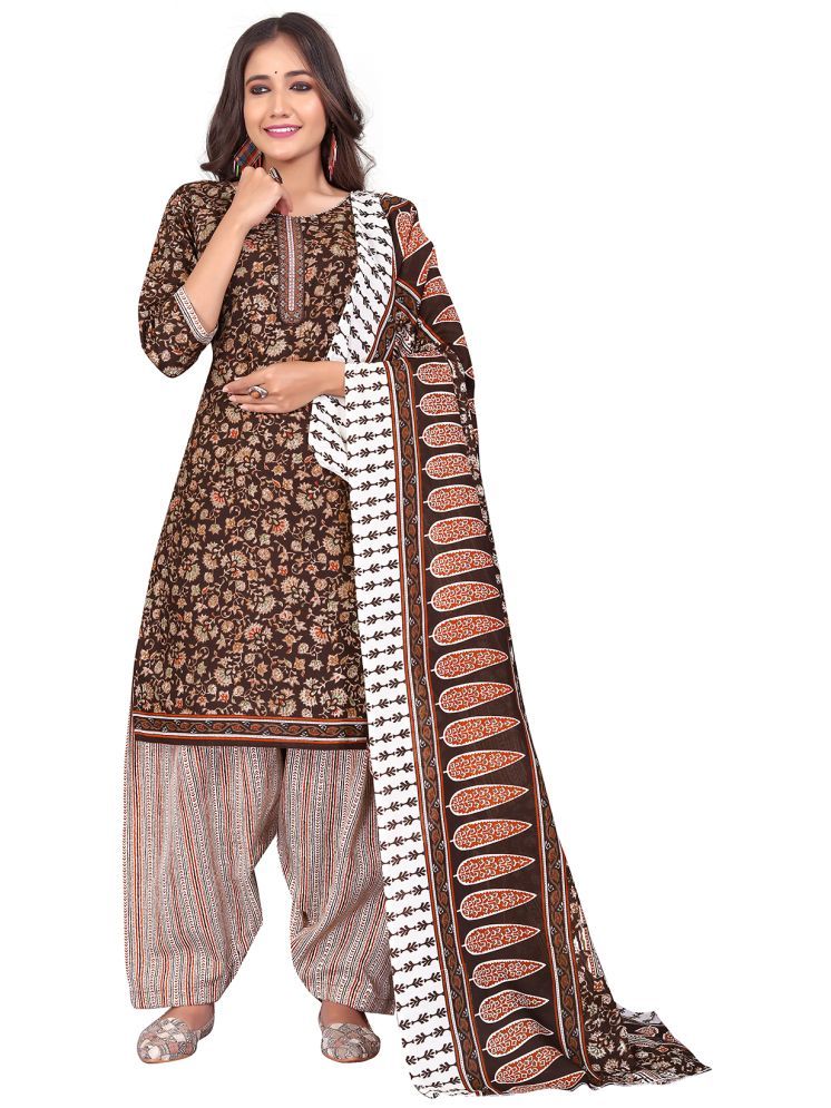     			Rajnandini Cotton Blend Printed Kurti With Patiala Women's Stitched Salwar Suit - Brown ( Pack of 1 )