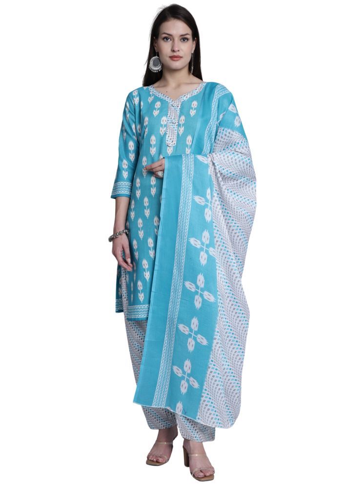     			Rajnandini Cotton Blend Printed Kurti With Patiala Women's Stitched Salwar Suit - Teal ( Pack of 1 )