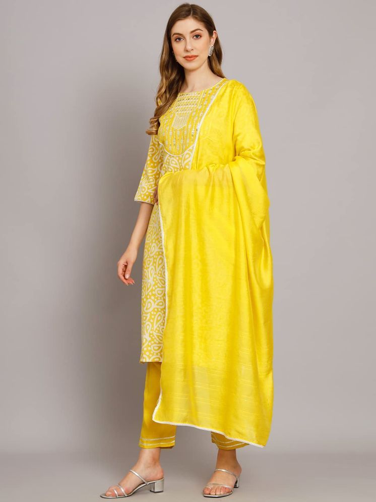     			VredeVogel Cotton Embroidered Kurti With Pants Women's Stitched Salwar Suit - Yellow ( Pack of 1 )