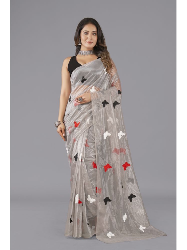     			A TO Z CART Net Embroidered Saree With Blouse Piece - Grey ( Pack of 1 )