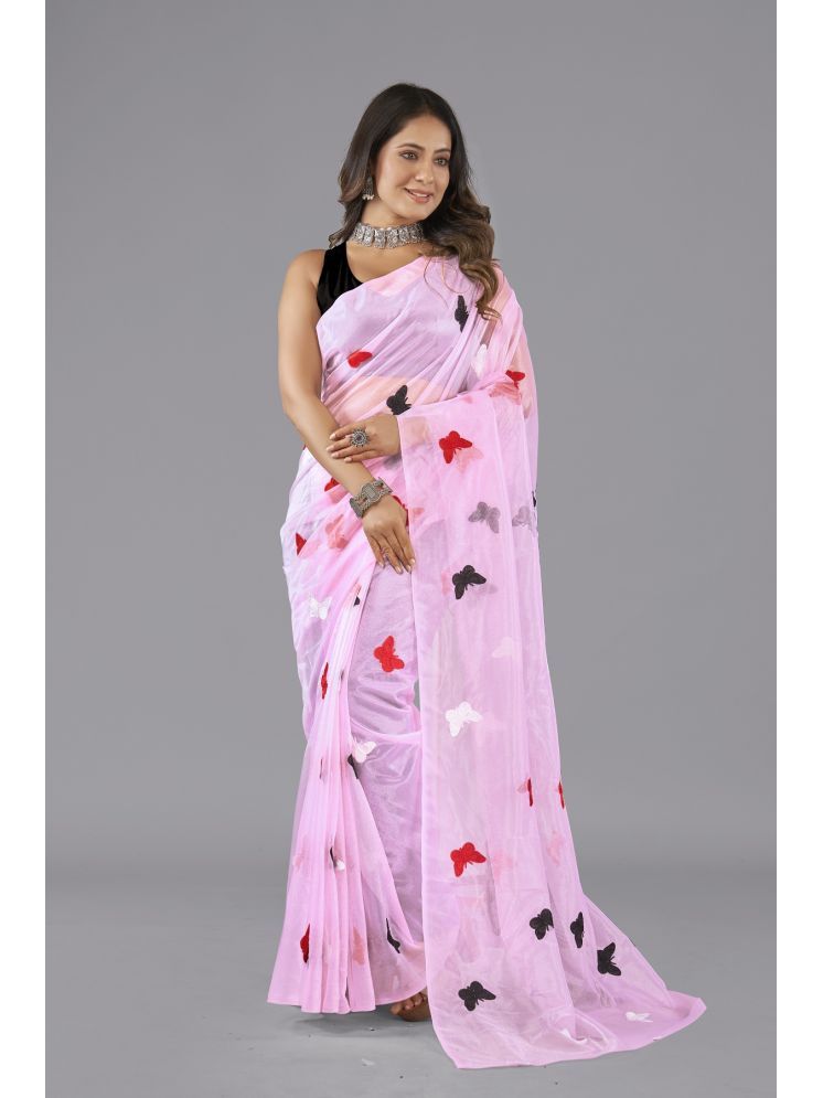     			Apnisha Net Embroidered Saree With Blouse Piece - Pink ( Pack of 1 )