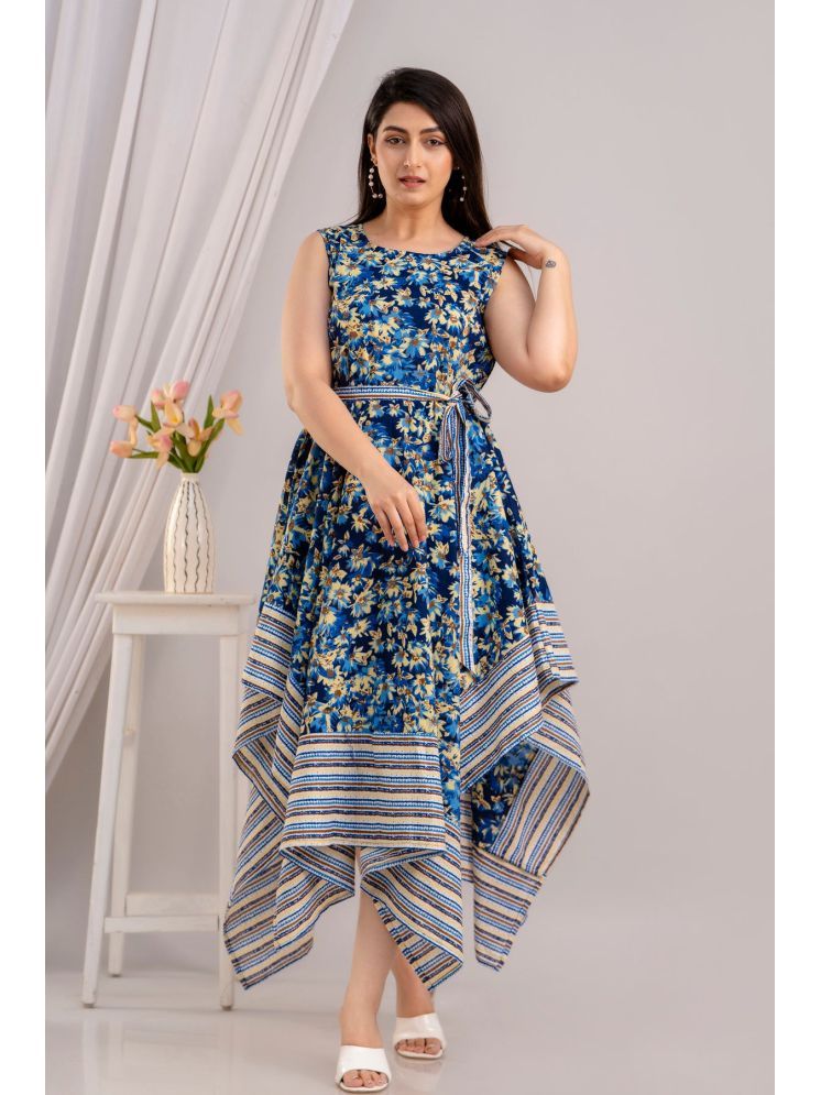     			Frionkandy Cotton Printed Ankle Length Women's Asymmetric Dress - Blue ( Pack of 1 )