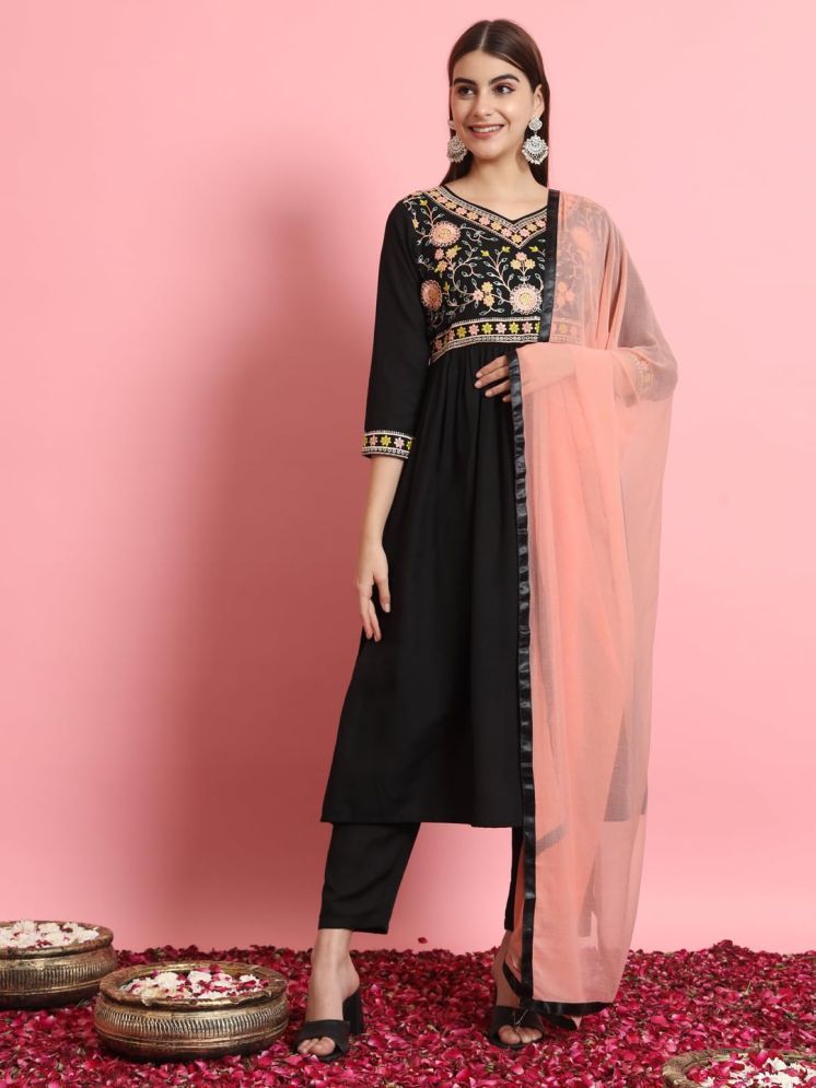     			VredeVogel Viscose Embroidered Kurti With Pants Women's Stitched Salwar Suit - Black ( Pack of 1 )